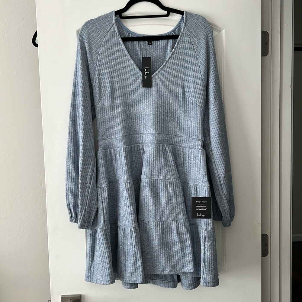 Heather Blue Long Sleeve Mini Sweater Dress